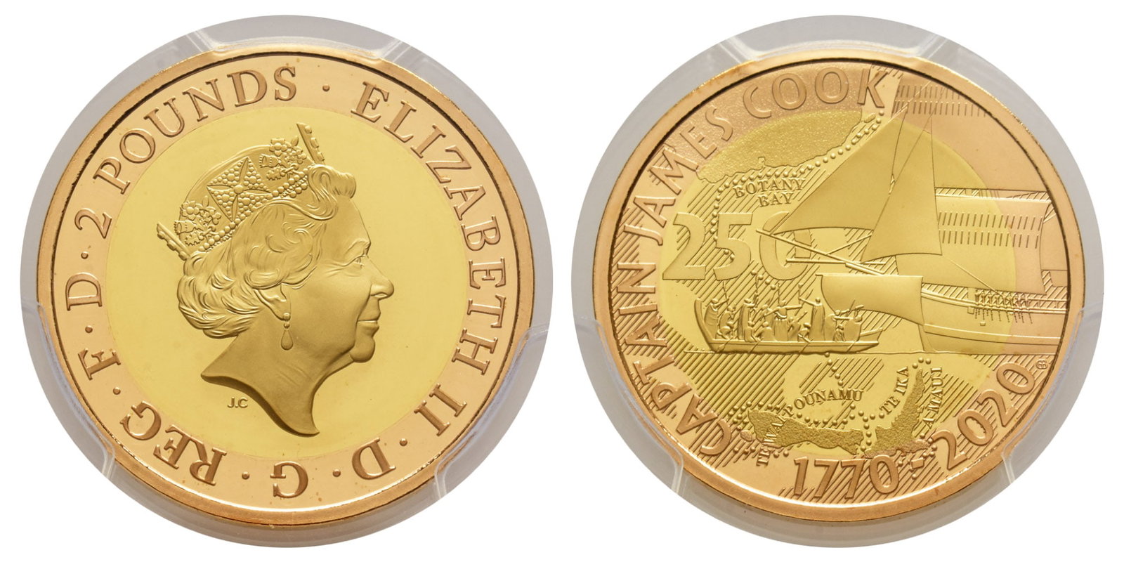 Great Britain. Windsor, Elizabeth II Proof AV Two Pounds.: Dated 2020. Royal Mint. Commemorating issue of the 250 years since Captain James Cook's first round-the-world voyage. Designs by Jody Clark and Gary Breeze. ELIZABETH II ? D ? G ? REG ? F ? D ? 2 POUN
