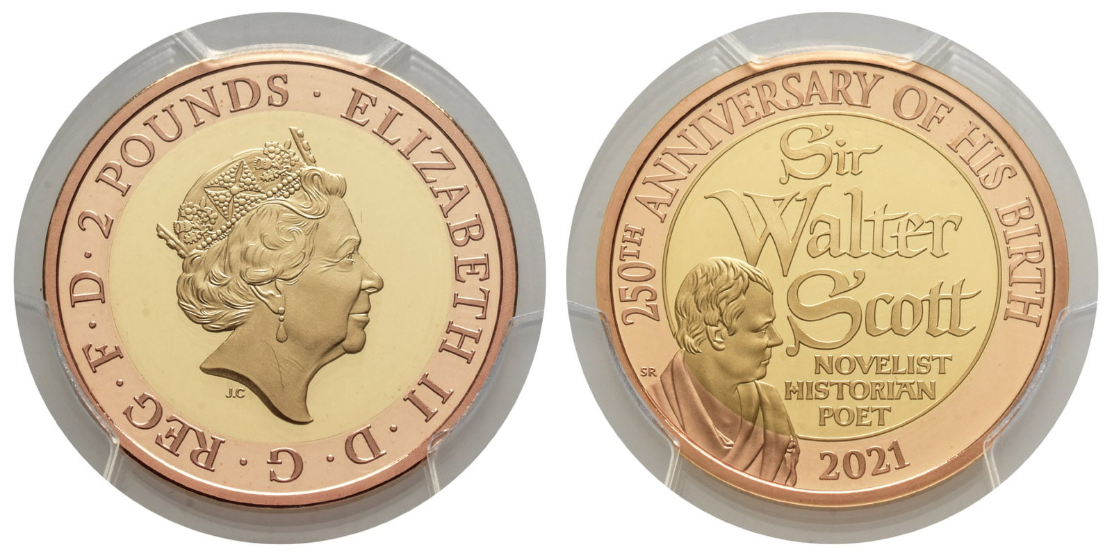 Great Britain. Windsor, Elizabeth II Proof AV Two Pounds.: Dated 2021. Royal Mint. Commemorating the 250th anniversary of the birth of Sir Walter Scott. Designs by Jody Clark and Stephen Raw. ELIZABETH II ? D ? G ? REG ? F ? D ? 2 POUNDS ?, fifth crowned bust