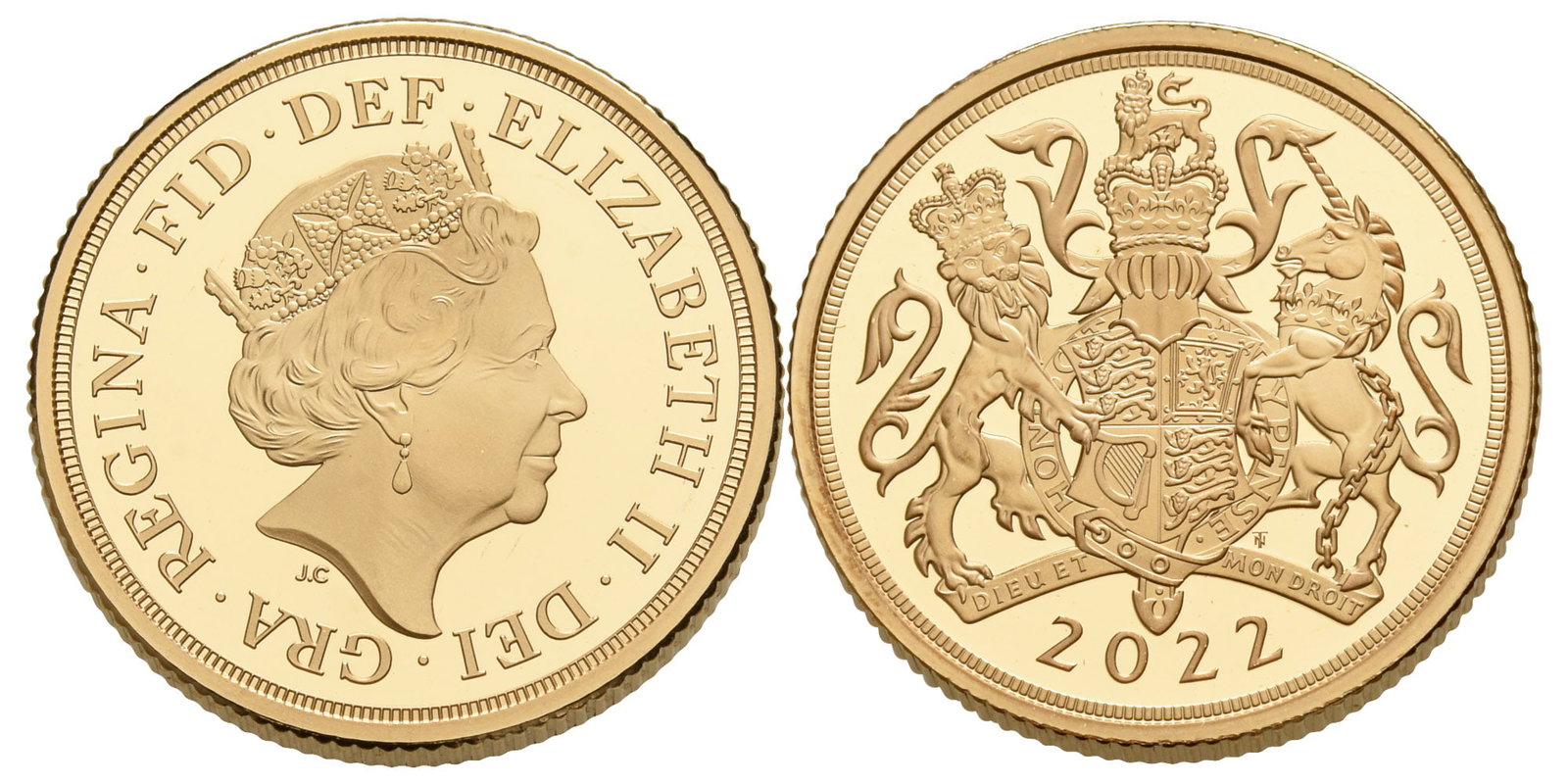 Great Britain. Windsor, Elizabeth II Proof AV Piedfort Sovereign.: Dated 2022. Royal mint. Designs by Jody Clark and Timothy Noad. ELIZABETH. II. DEI. GRA. REGINA. FID. DEF, crowned head to right, JC below / Royal Coat of Arms, year below. SCBC SC12. 197 grams total,