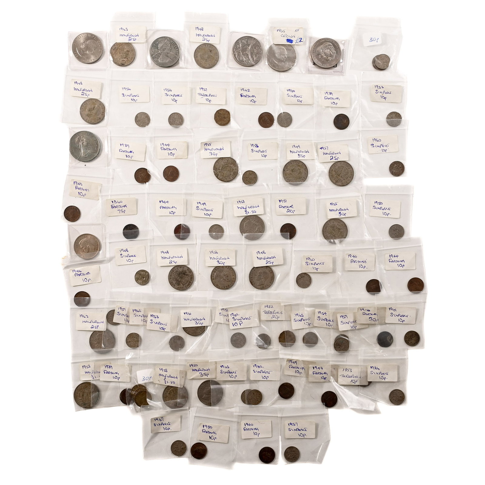 Group of Seventy Three (73) Mixed Coins of Great Britain.: 20th century AD. Comprising: mixed monarchs, issues, denominations and reverse types. 621gr total. As shown. Property of a Cambridgeshire, UK, gentleman. TimeLine Auctions follows a rigorous vetting p