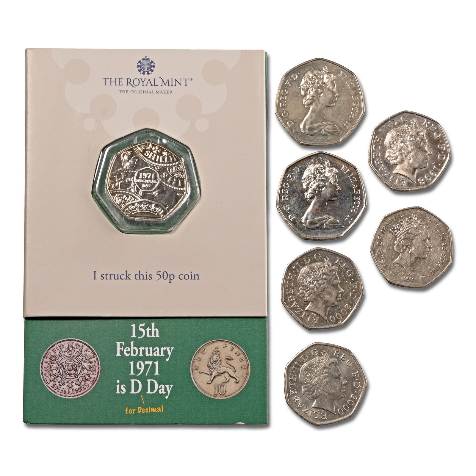 Group of Seven [7] Elizabeth II Commemorative 50 Pence Pieces.: 1973. Comprising: Elizabeth II commemorative 50 pence coins of various types. 87gr total. Mostly UNC as shown. From the private collection of John Meredith, acquired since the 1990s; thence by descent