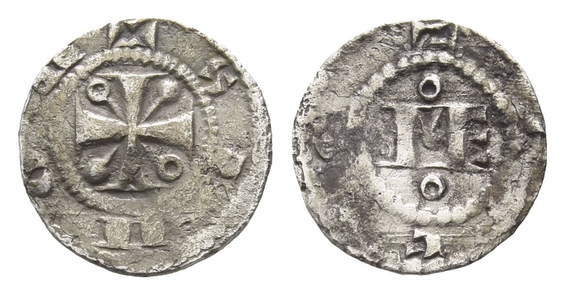 Belgian States. County of Flanders, Philip of Alsace AR Mialle.: 1168-1191. Arras mint. Simon, moneyer.. ? SIMON, cross pattee within beaded inner circle, two crescents and two pellets in the corners, tied to the centre of cross /? CCC, monogram of ME within beaded