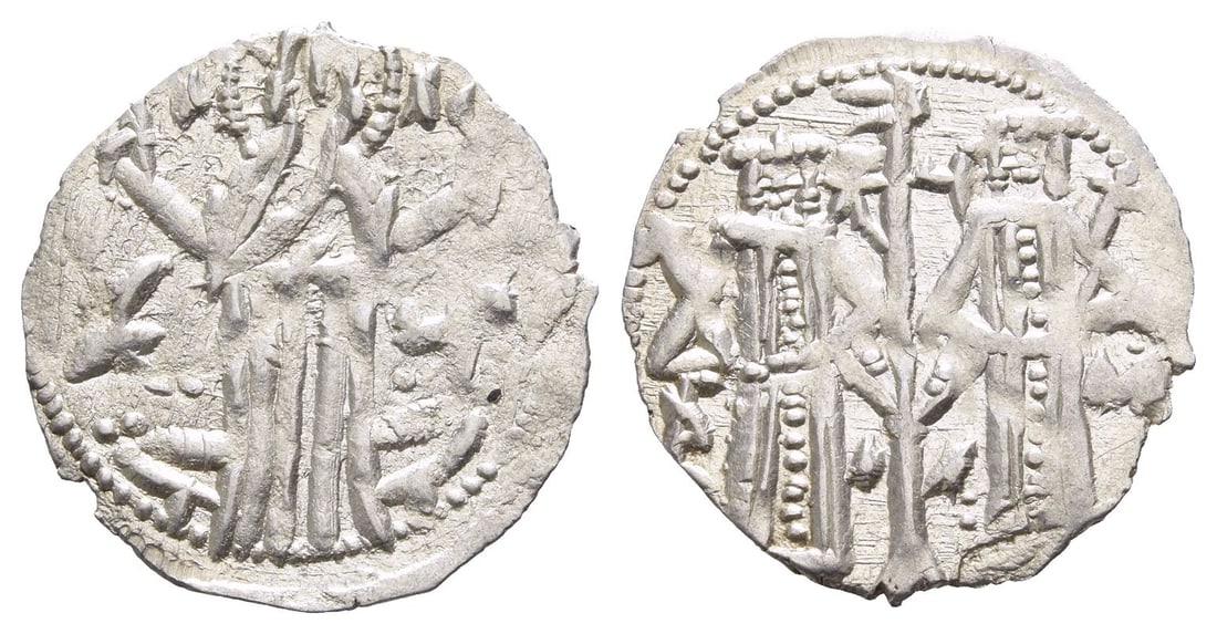 Bulgaria. Second Empire, Ivan Aleksandar, with Michael Asen IV AR Gros.: 1331 - 1371. Veliko Turnovo mint. Christ standing facing before seat, raising both hands in benediction; in field to left, IC over monogram; in field to right, XC over monogram / Ivan Aleksandar stand