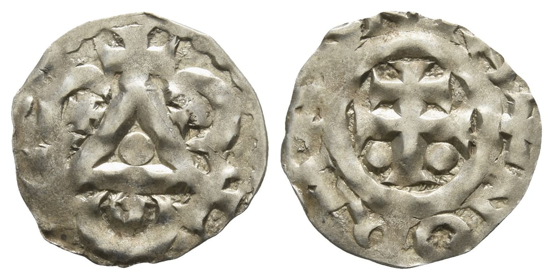 France, Provincial. Normandie, Guillaume II le Conqu?rant (William the Conqueror) AR Denier.: Struck 1083-1087. Rouen mint. Church pediment, with pellet within, surmounted by cross; around, PAX witihin semicircles / ? NORMANNIA around patriarchal cross with pellets in the lower angles. Legros 