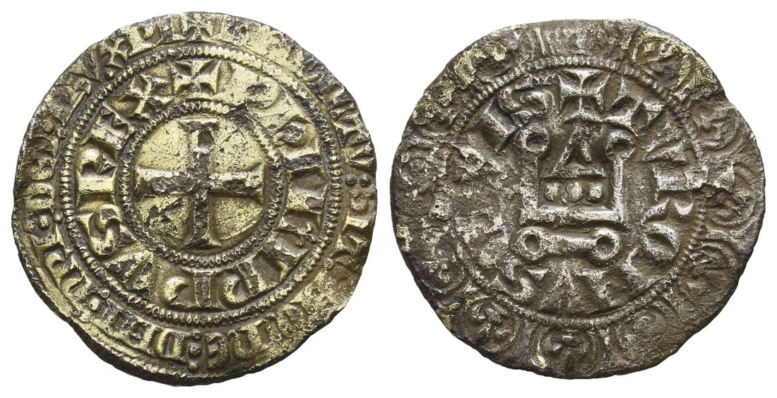 France, Kingdom. Philippe IV 'le Bel' (the Fair) Gilt AR Gros Tournois.: Struck after 1295. ? BHDICTV ? SIT ? HO?? ? DHI ? ?RI ? D?I ? I?V. XPI in outer margin, ? P?ILIPPVS REX in inner margin, short cross patt?e / ? TVRONVS CIVIS around ch?tel tournois within border of tw