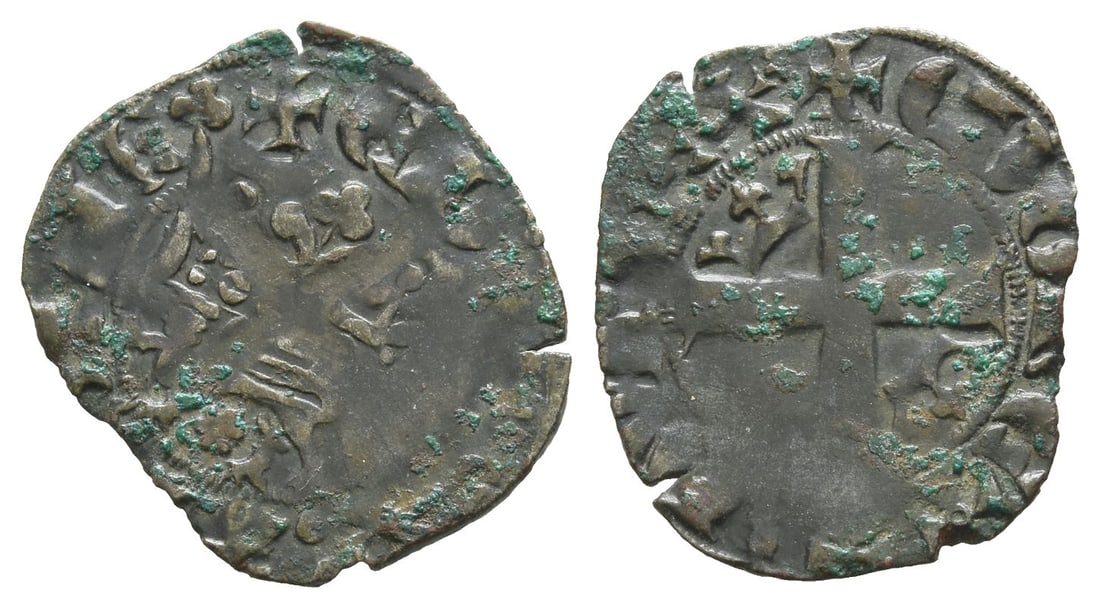 France. Duchy of Aquitaine, Edward III of England BI Double de billon au l?opard.: Circa 1350. Bordeaux mint. ? ?D R?X AnGLI?, leopard to left beneath crown; below, rose / ? ?On?TA DVPL?X, cross cantonn?e, crown in first and fourth angles. Cf. Bd 500; cf. Elias 92b; cf. W 100E/2b. 1