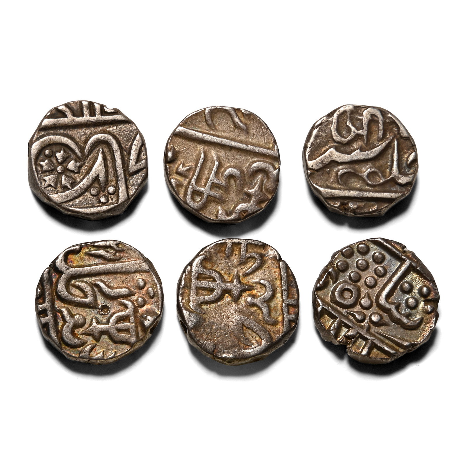 India. Group of Six [6] Princely States AR Coins.: 1843-1886. Comprising: mixed rulers, denominations and reverse types. 32.83gr total, 14-16mm. As shown. Acquired on the UK art market. From the collection of Mr Carlos Bahamonde, Manchester, UK. TimeL