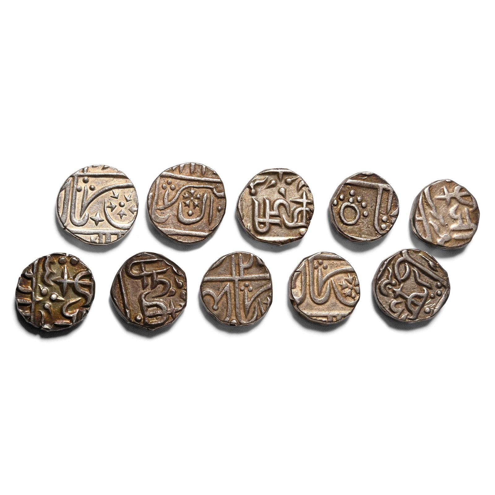 India. Group of Ten [10] Princely States AR Coins.: 1843-1886. Comprising: mixed rulers, denominations and reverse types. 54.78gr total, 15-17mm. As shown. Acquired on the UK art market. From the collection of Mr Carlos Bahamonde, Manchester, UK. TimeL