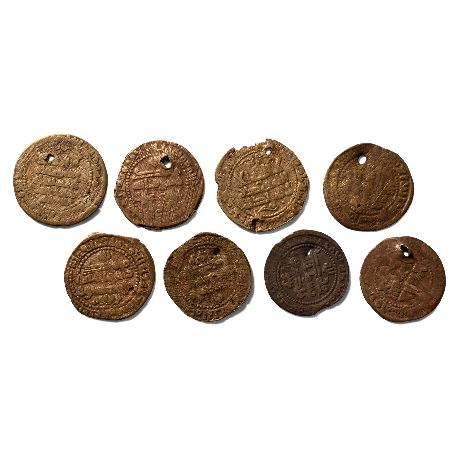 Group of Eight (8) Islamic Mansour I bin Nuh, Bukhara Mint, Samanid AE Dirhams.: 10th century AD. Comprising: mixed issues, mostly pierced. 14.85gr total, 21-22mm. As shown. London, UK, art market, 1980s. Private collection, London, UK. TimeLine Auctions follows a rigorous vetting