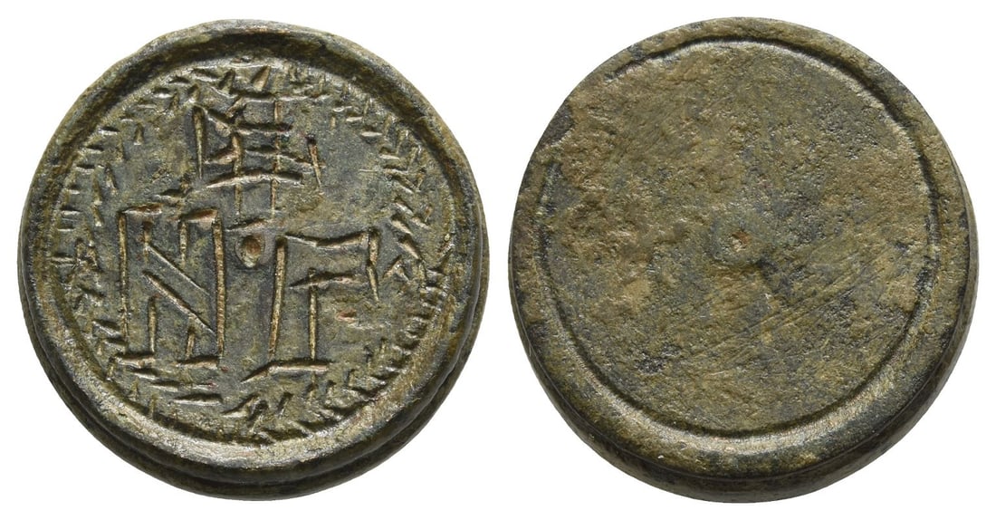 Byzantine Circular AE Coin Weight of Three Nomismata.: Circa 4th century AD. Engraved in outline cross above large N o ?; all within wreath / Blank. Cf. Bendall 145 (for similar without wreath). 14.04gr, 21mm. Condition as seen. Circular coin weight with 