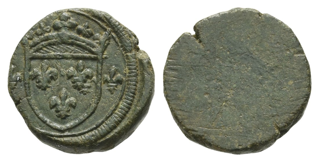 France, Kingdom. Charles VI and Charles VII AE Ecu d'Or Coin Weight.: After 1436. Crowned shield of France, lis flanking / Blank. 3.11gr, 14mm. Condition as seen. From a UK collection formed in the early 2000s. Property of an Essex, UK, gentleman. TimeLine Auctions foll