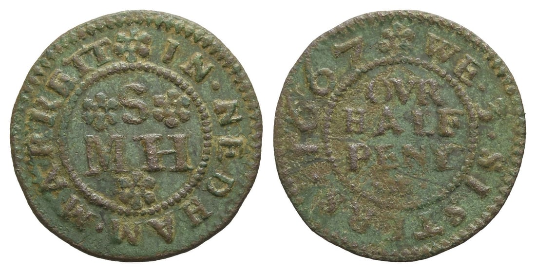 England, Needham Market CU Halfpenny Token.: Dated 1667. (sexfoil) IN . NEDHAM . MARKETT, around (sexfoil) S (sexfoil) over MH with (sexfoil) below / (sexfoil) WE . 3 . SISTERS . 1667, around OVR HALF PENY in three lines with rosette below. Dick