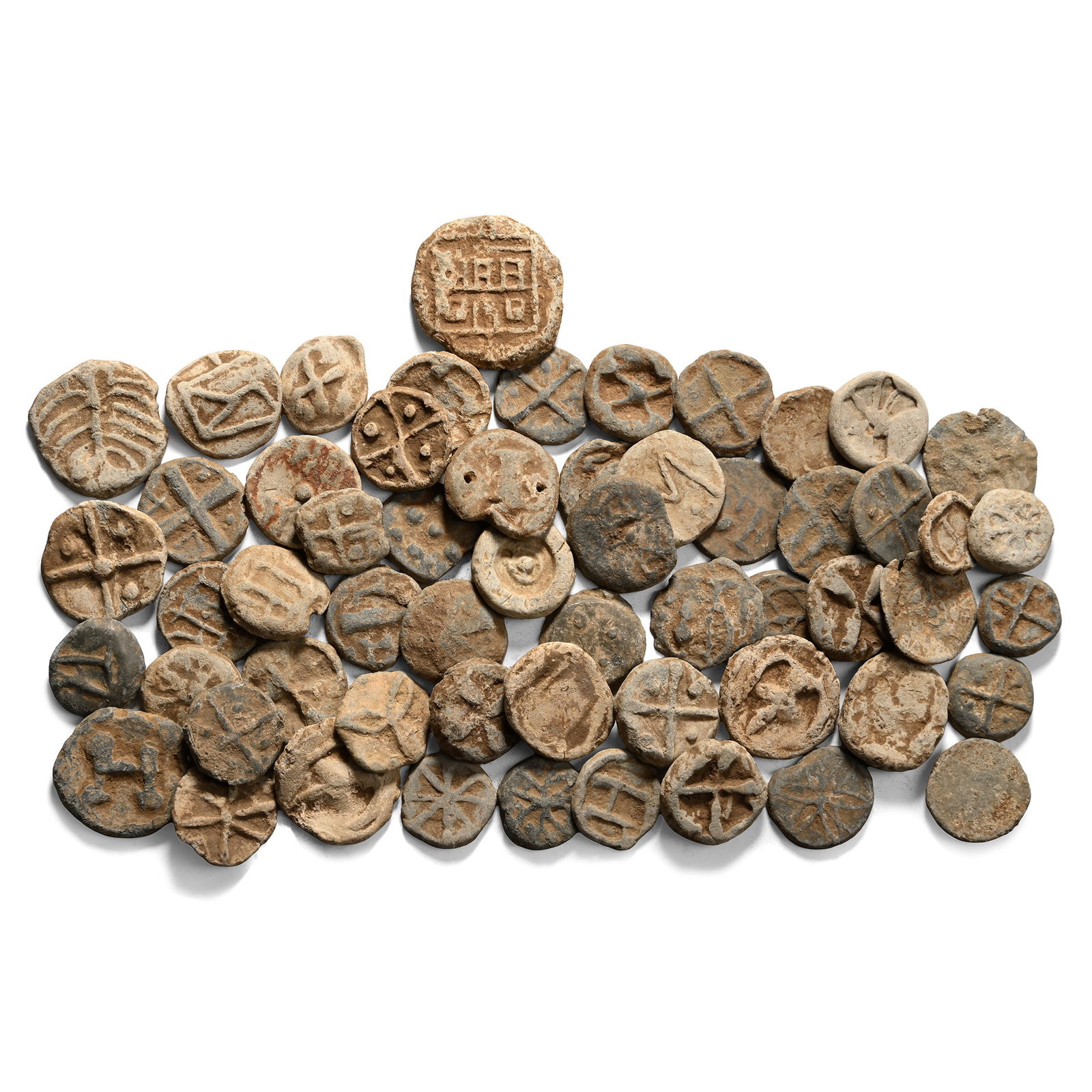 Group of Fifty-Seven [57] Post Medieval Lead Farm & Ecclesiastical Tokens.: Circa 16th-19th century AD. Comprising: mixed types and issues including a large example with a depiction of Roffey Place / Church. 352gr total, 15-29mm. As shown. From the private collection of a Sus