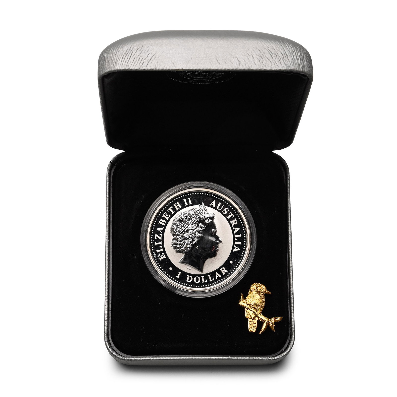Australia. Kookaburra Silver Coin Series Gilded AR 1 Dollar.: 2005. Comprising: Kookaburra Silver Coin with gold-plated pin badge, boxed with certificate of authenticity. 175gr total, boxed: 9.3 x 8.2 x 4cm. UNC. From the private collection of John Meredith, acq
