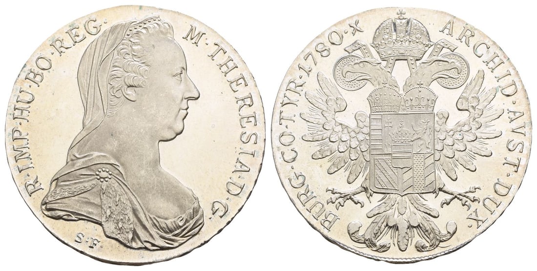 Austria. Holy Roman Empire, Maria Theresia Proof AR Posthumous Thaler.: Dated 1780. Restrike. M THERESIA D G R IMP HU BO REG, veilied and crowned bust of Empress Maria Theresia of Habsburg to right; S F below / ARCHID AVST DUX BURG CO TYR 1780 ?, coat of arms of Maria The