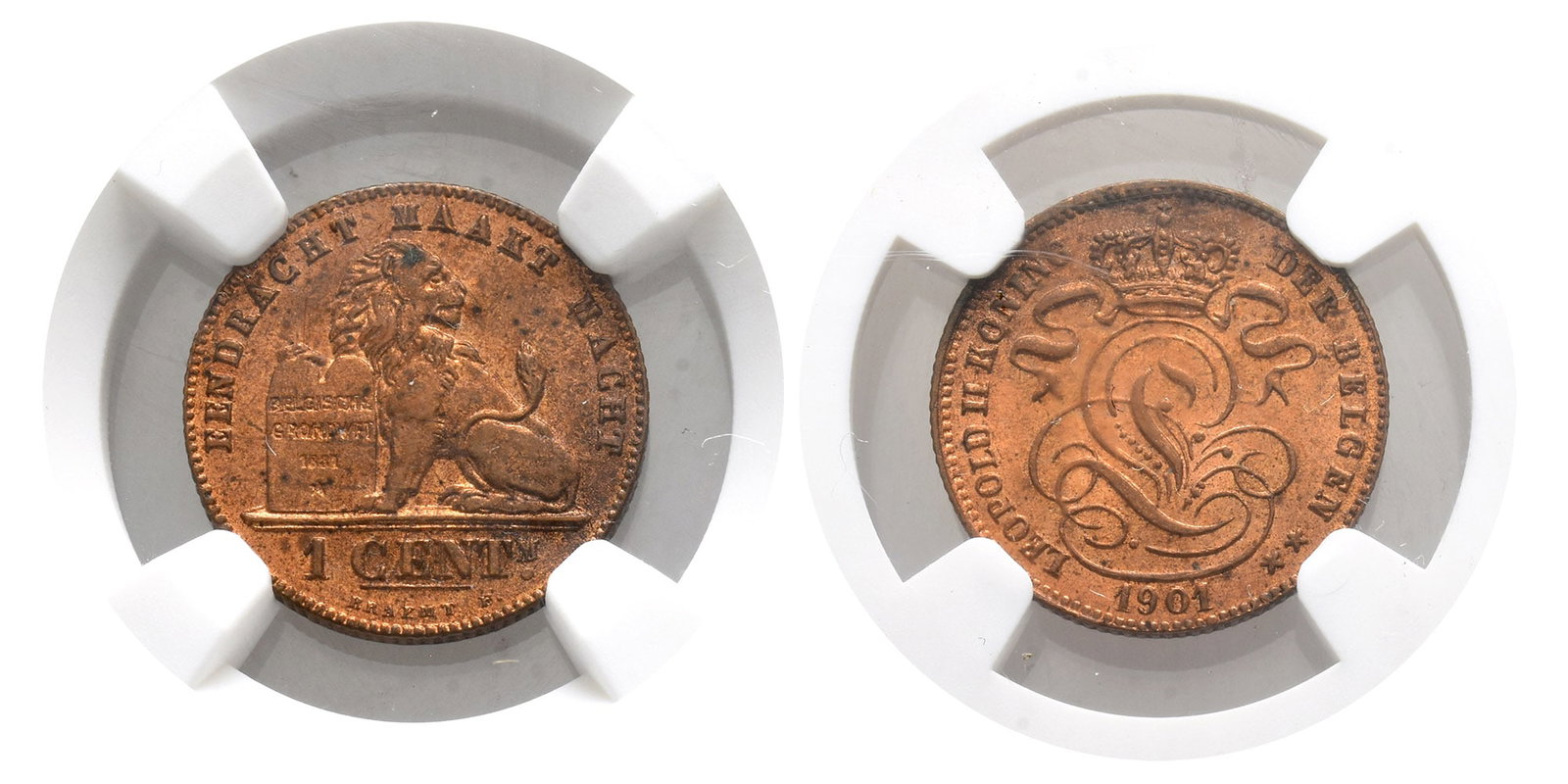 Belgium, Kingdom. Leopold II CU Cent.: Dated 1901. Brussels mint. Dies by Joseph-Pierre Braemt. Lion seated to left, resting paw on tablet inscribed BELGISCHE GRONDWET 1831 ? in four lines; EENDRACHT MAAKT MACHT above, denomination and BRA