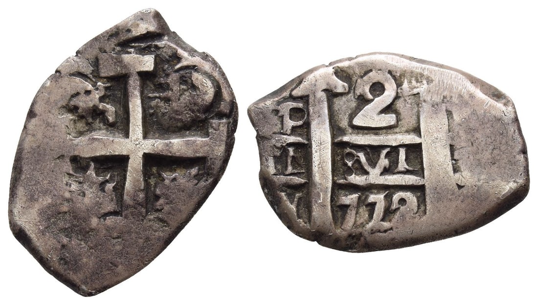 Bolivia, Colonial (as Alto Peru). Charles III AR 2 Reales.: Dated 1772. Potosi mint. Cob issue. Arms of Spain within polylobe / Crowned Pillars of Hercules set on ocean waves. KM 43. 6.51gr, 25mm, 2h. Very Fine. Acquired on the UK art market. From the collecti
