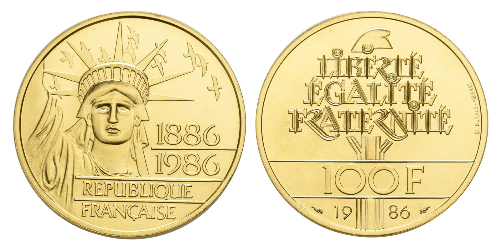 France AV 100 Francs.: Dated 1986. Paris mint. Commemorative issue of the 100th Anniversary of the Statue of Liberty. Atelier de Gravure (A.G.M.M. / AdG), engraver. Design by Michel Durand-M?gret.. 1886 1986 R?PUBLIQUE FRAN