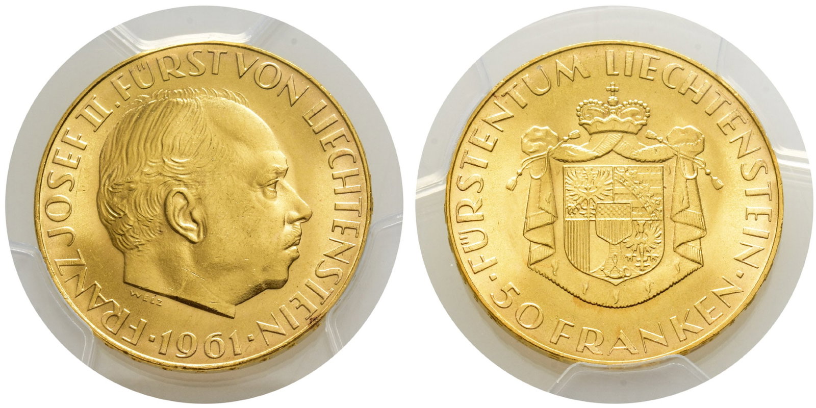 Liechtenstein. Francis Josef II AV 50 Francs.: Dated 1961. Bern mint. Commemorative issue of the 100th Anniversary of National Bank. Engraved by Ferdinand Welz. FRANZ JOSEF II. F?RST VON LIECHTENSTEIN ?1961?, head of Franz Josef II to right; WELZ 