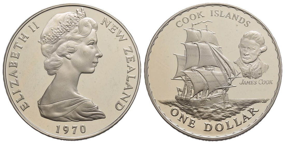 New Zealand. Elizabeth II Copper-Nickel Dollar.: Dated 1970. Second Portrait Commemorative issue of the 200th anniversary of the discovery of the Cook Islands by Captain James Cook in 1770 and the Royal visit to New Zealand in 1970. Designs by Arnol