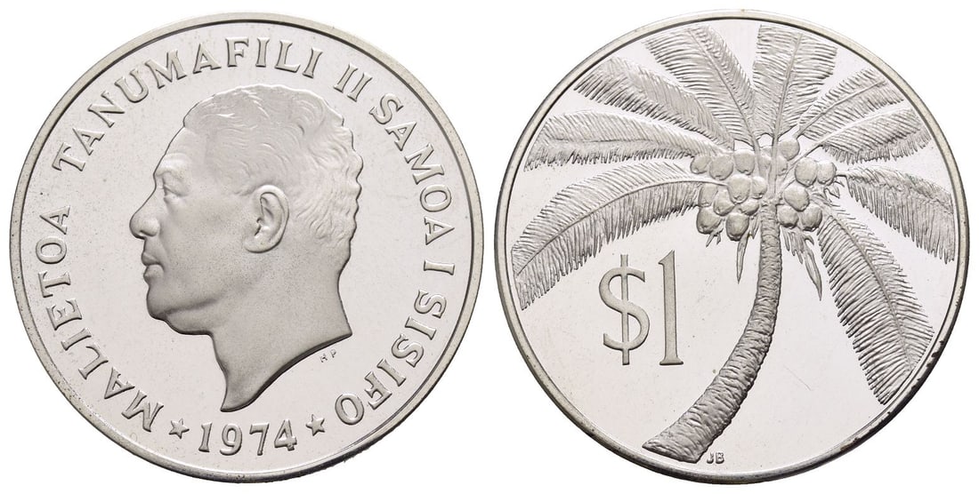 Samoa. Malietoa Tanumafili II Prood AR Tala.: Dated 1974. Royal Australian Mint of Canberra. Thomas Humphrey Paget and George James Berry, engravers.. MALIETOA TANUMAFILI II SAMOA I SISIFO 1974, head of Malietoa Tanumafili II to left; HP in small