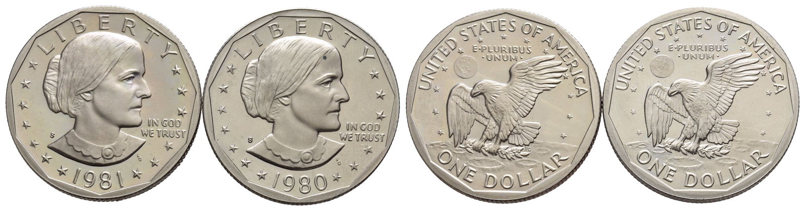 United States of America. Group of Two [2] Proof SBA Co-Ni Dollars.: Dated 1980 and 1981. San Francisco mint. Frank Gasparro, engraver.. LIBERTY IN GOD WE TRUST S FG (date), bust of Susan B. Anthony, a pioneer for women's rights, to right / UNITED STATES OF AMERICA E?P