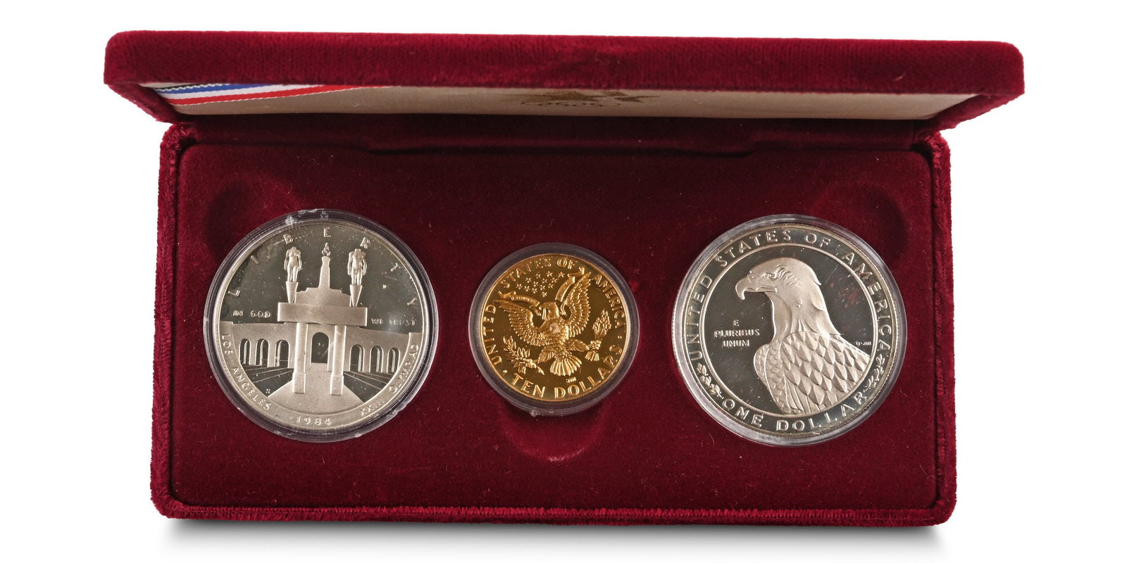 United States of America. Set of Uncirculated & Proof AV Ten Dollars and Two [2] AR Dollars.: Dated 1983 and 1984. Commemorative issues of the 1984 Olympics, Los Angeles.. LIBERTY IN GOD WE TRUST LOS ANGELES 1984 OLYMPIAD XXIII, two Olympic runners holding a torch / UNITED STATES OF AMERICA TE