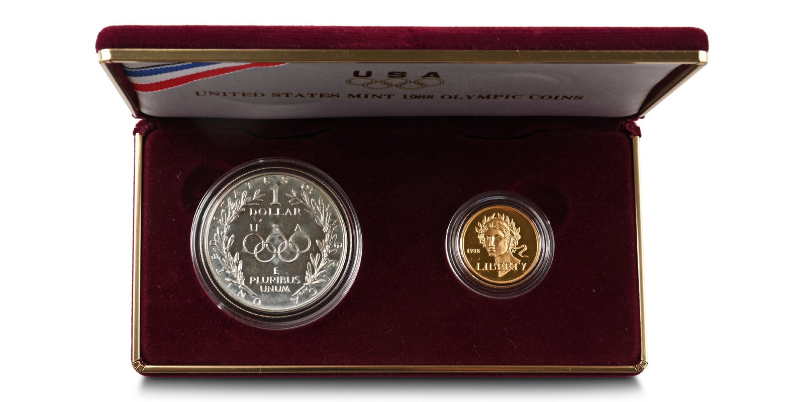 United States of America. Proof AR Dollar and AV Five Dollar.: Dated 1988. San Francisco mint and United States Mint of West Point. Commemorative issues of the 1988 Seoul Olympics. Patricia Lewis Verani, Sherl Joseph Winter, Elizabeth Jones and Marcel Jovine, eng