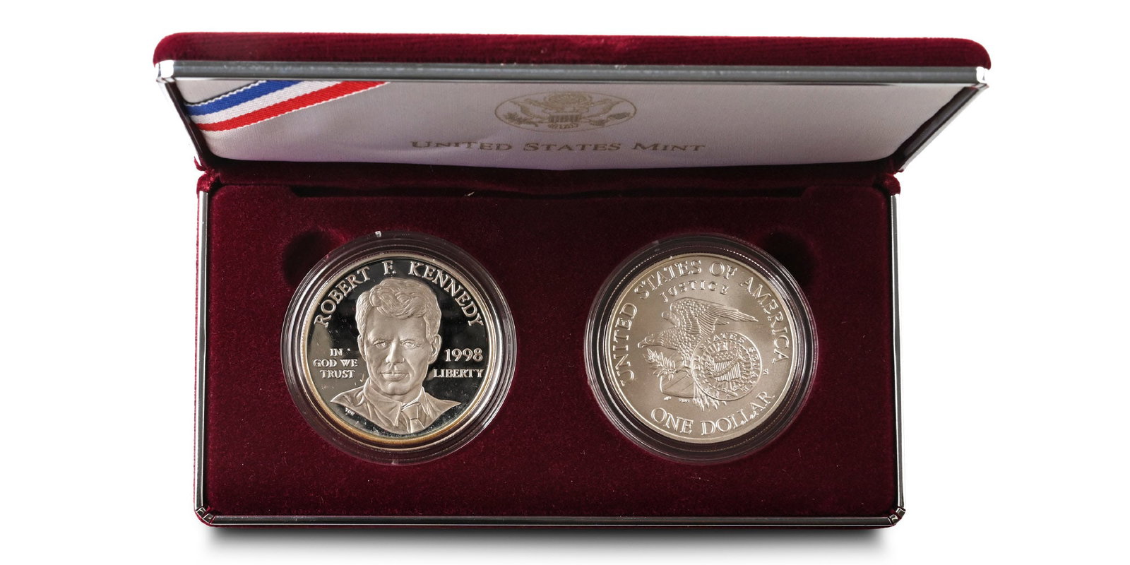 United States of America. Set of Two [2] Uncirculated & Proof AR Dollars.: Dated 1998. San Francisco mint. Commemorative issue of Life and work of Robert F. Kennedy. Thomas D. Rogers, engraver. Design by James Melvin Peed.. ROBERT F. KENNEDY IN GOD WE TRUST 1998 LIBERTY, bus