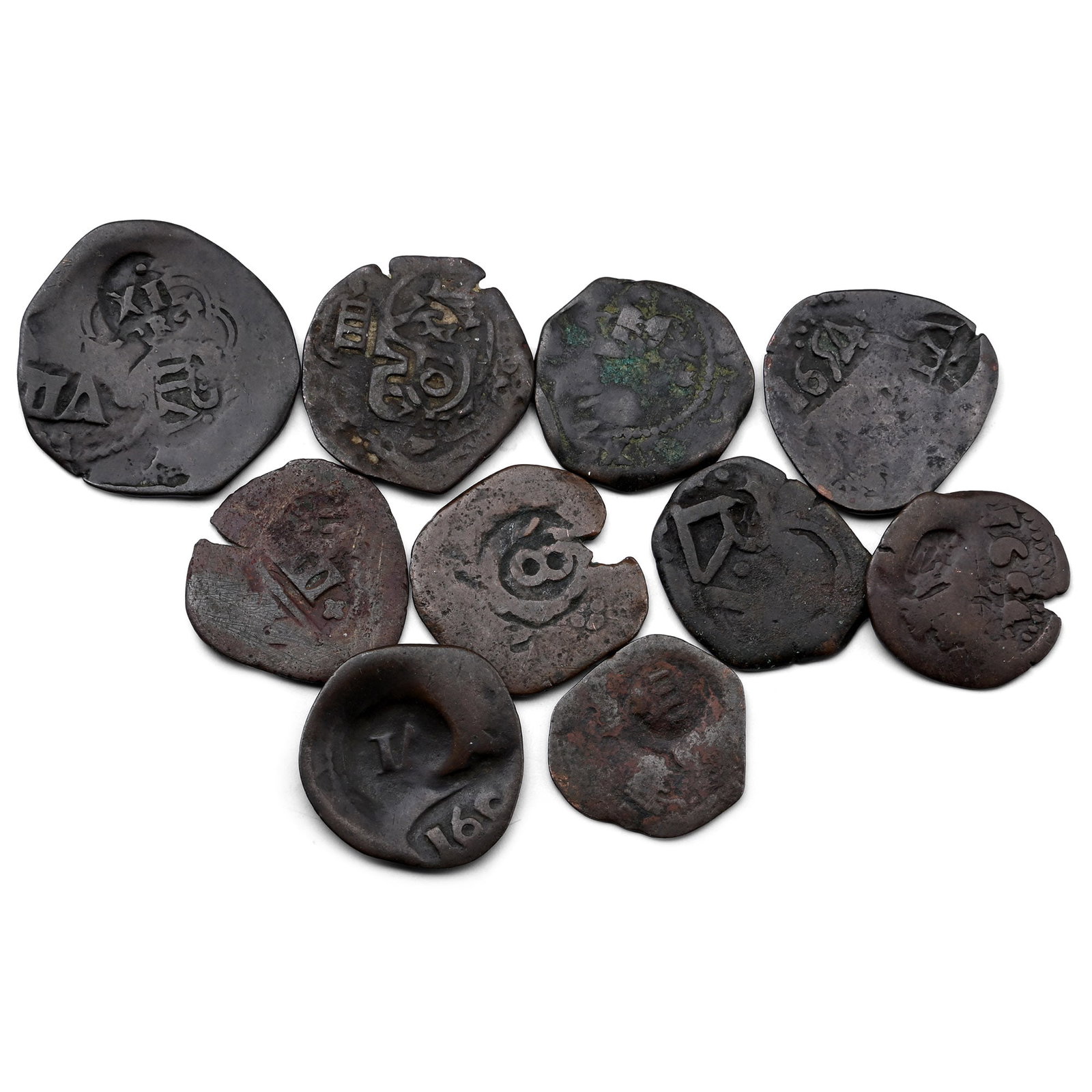 Group of Ten [10] Spanish Counter-Stamped Coins.: c.1654. Comprising: various countermarked issues, re-struck for re-valuation. 39.90gr total, 21-29mm. Fine. From a late Warwickshire numismatic collector, his collection formed from the early 1980s. T