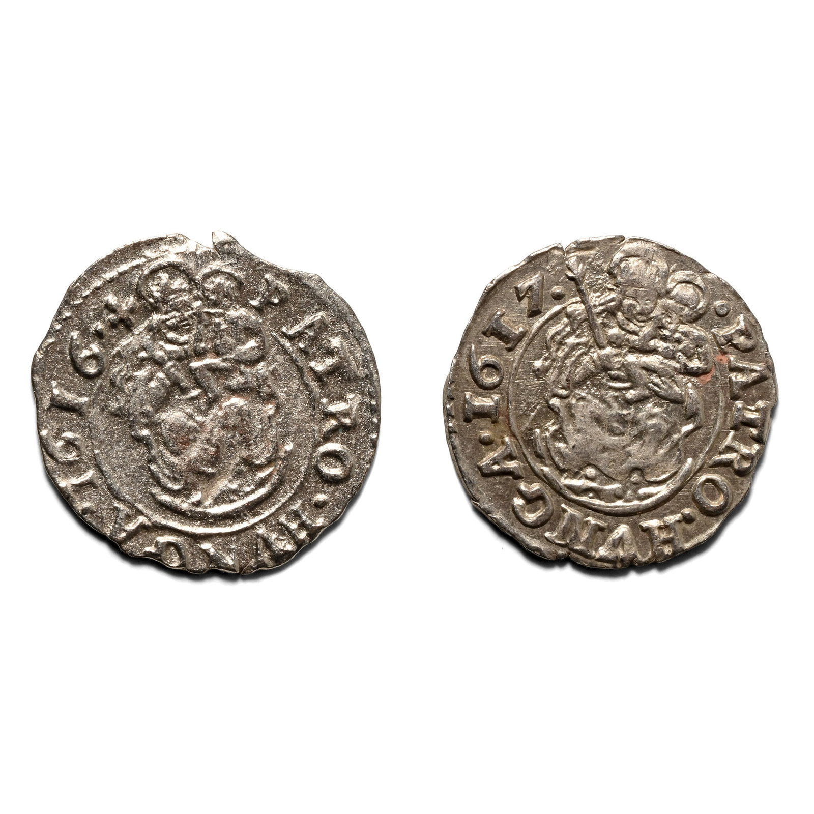 Group of Two [2] Hungary, Matthias I Corvinus AR Denarius.: 15th century AD. Comprising: two examples in good, clean condition. 0.89gr total, 14-15mm. Acquired on the German art market before 2000. Private collection, South Germany TimeLine Auctions follows a 