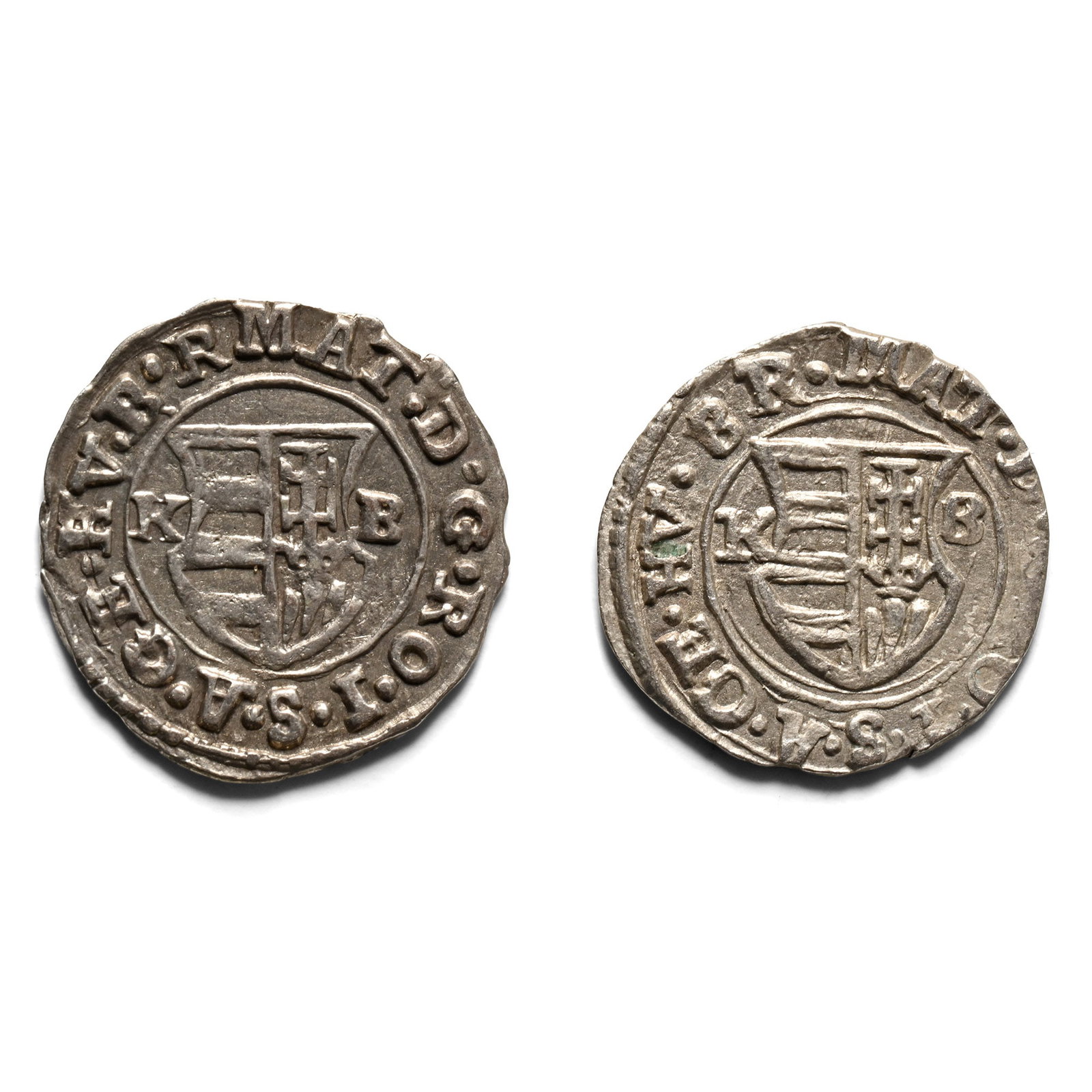 Group of Two [2] Hungary, Matthias I Corvinus AR Denarius.: 15th century AD. Comprising: two examples in good, clean condition. 0.99gr total, 14mm. Acquired on the German art market before 2000. Private collection, South Germany TimeLine Auctions follows a rig