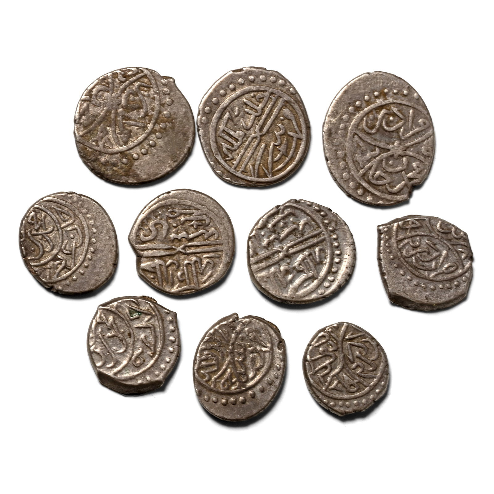 Group of Ten [10] Ottoman Empire AR Akces Coins.: Circa 15th century AD. Comprising: various rulers, denominations and reverse types. 11.10gr total, 10-15mm. As shown. Acquired on UK art market. Property of a Middlesex gentleman. TimeLine Auctions fo