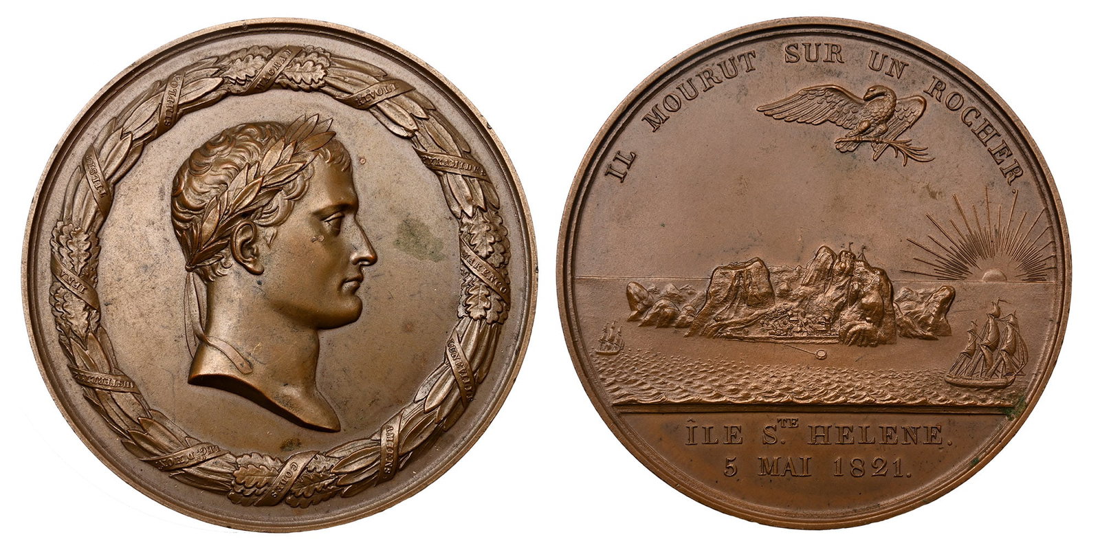 France. Louis XVIII AE Restrike Medal.: Dated 1821 but struck 1972. Paris mint. Commemorative issue of death of Napol?on I on St Helena. Dies by Albert de Jaeger. Laureate head to right within wreath of alternating laurel and oak leaves, wr