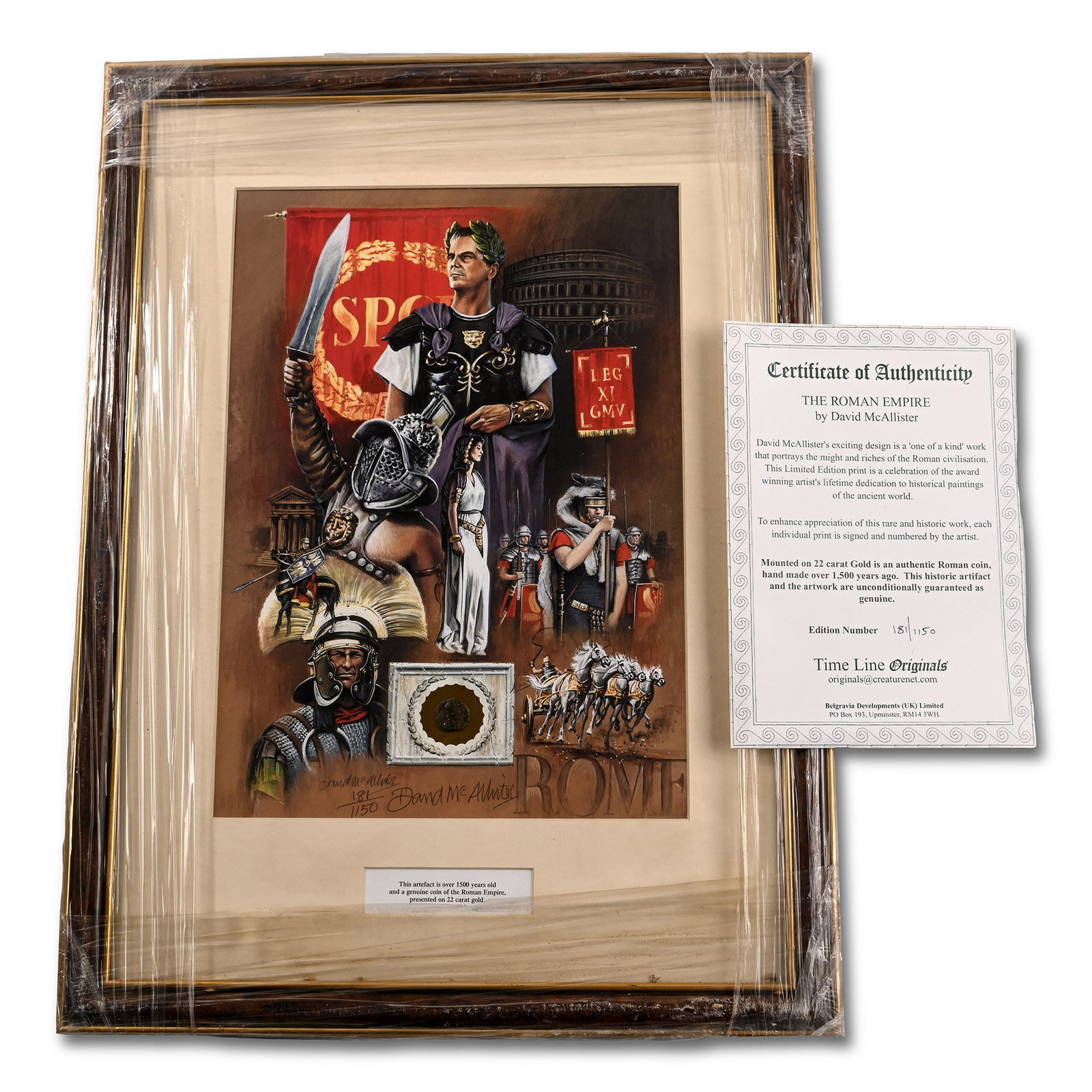 Bronze Roman Coin and Framed Limited Edition Print: 3rd century A.D. and later. The coin of Constantine the Great (272-337 A.D.) mounted on 22 carat gold foil, framed with an art print signed by the artist David McAllister, depicting scenes of Roman mi