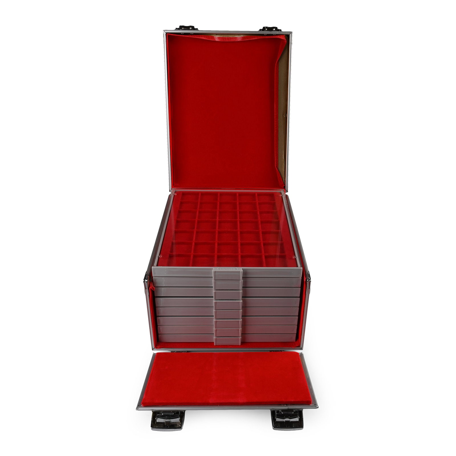 Group of Eight [8] Near New Lindner Coin Trays in Aluminium Carry Case (1 of 1)
