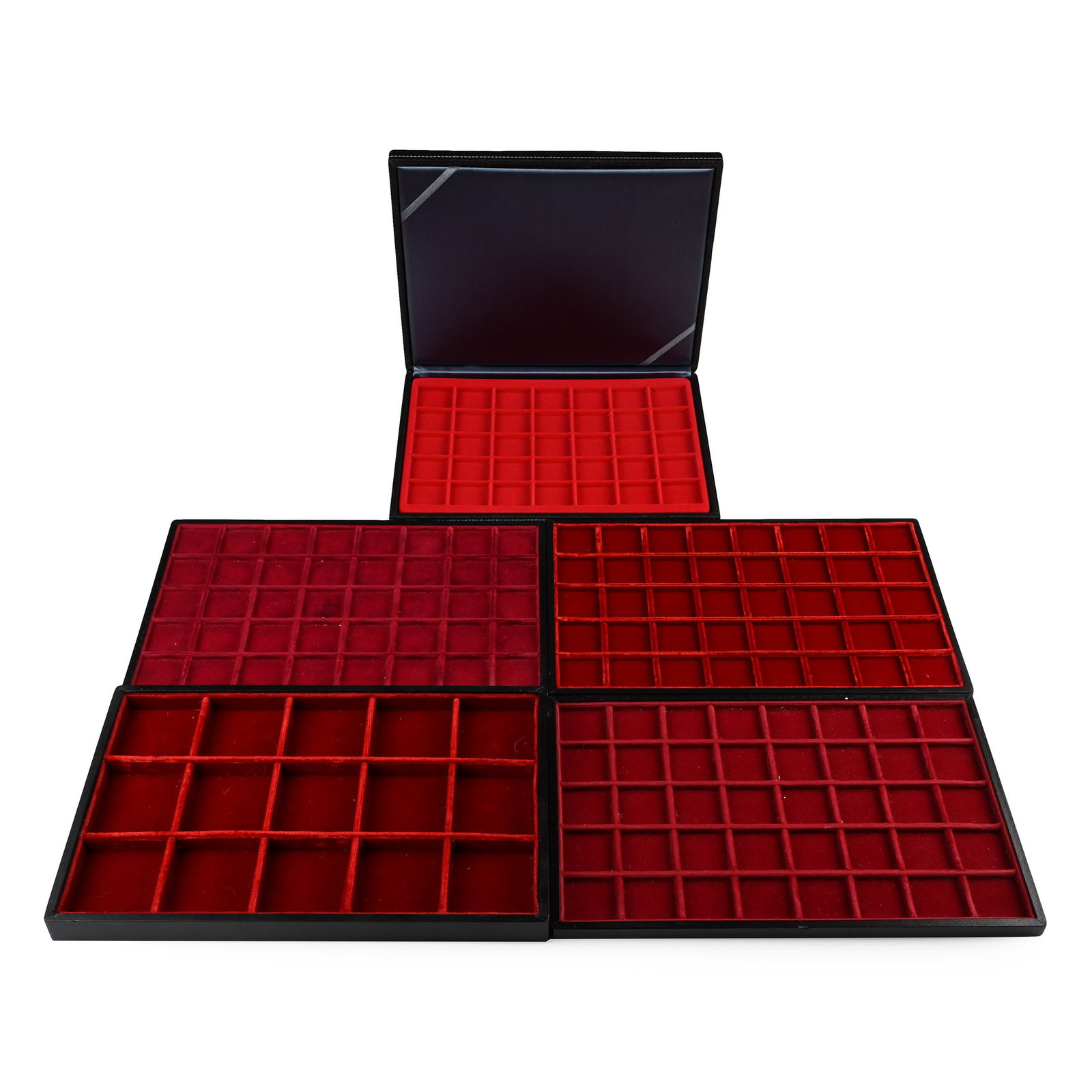 Group of Five [5] Italian Abafil and One Other Trays: 21st century AD. Comprising: a faux leather case with a red tray insert arranged 5 x 7; three shallow trays with velvet-lined interior arranged 5 x 8; a deeper tray with velvet-lined interior arranged