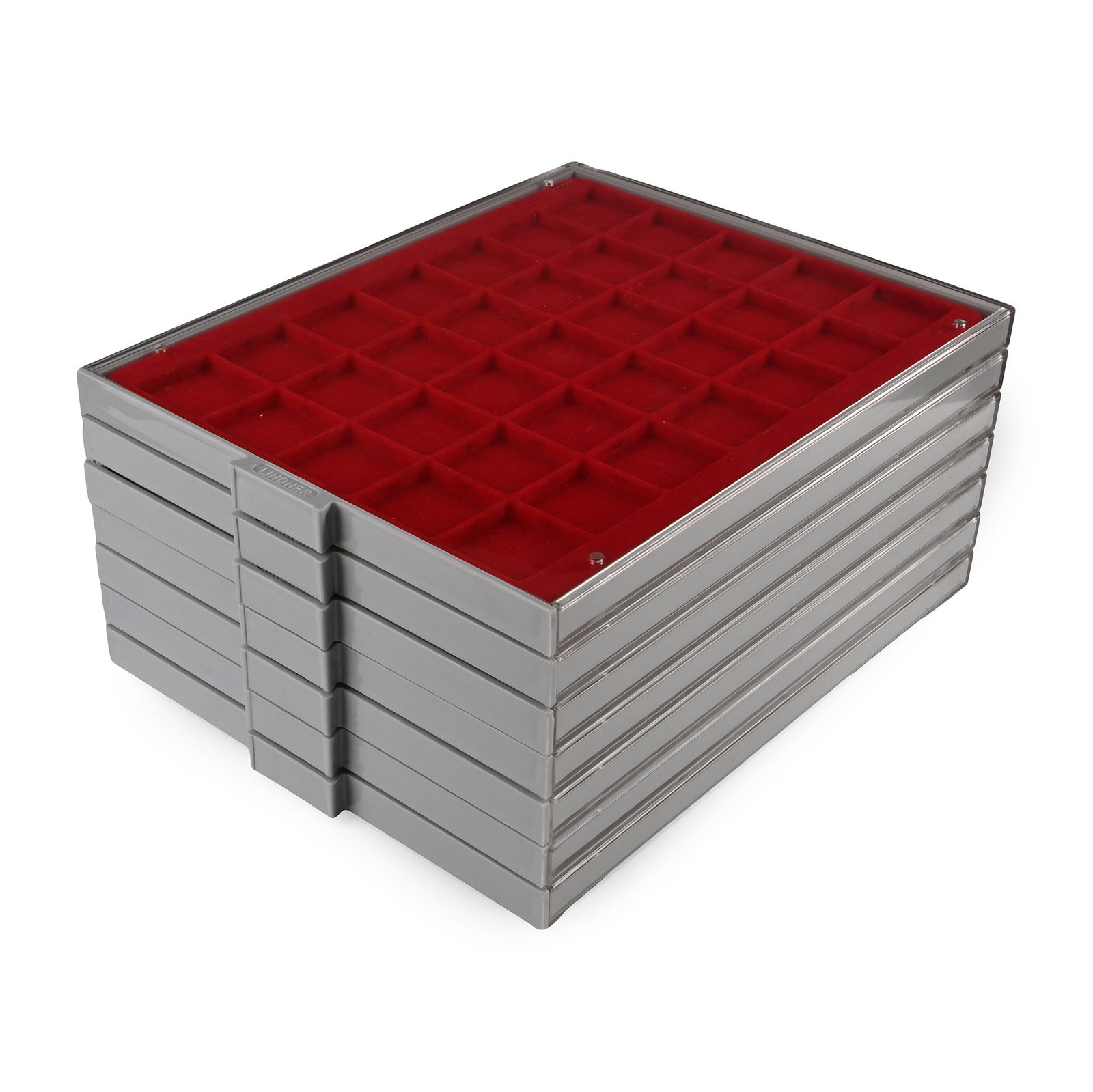 Group of Seven [7] Near New Lindner Coin Trays: 21st century AD. Comprising seven red velvet-lined trays arranged 5 x 7, some soiling. 3.47 kg total, 30.5 x 24 cm each (12 x 9 1/2 in.). [7, No Reserve] From the private coin collection of a West Lon