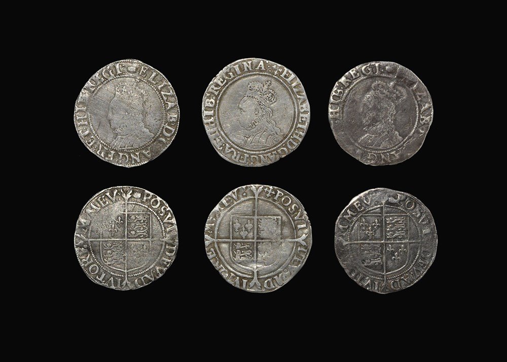 Tudor Elizabeth I - Tower - Shillings [3]: 1560-1595 AD, second issue. Obv: profile bust with ELIZABETH D G ANG FRE ET HIB REGINA legend with 'cross crosslet' mintmark. Rev: long cros on arms with POSVI DEV ADIVTOREM MEV legend. Sixth issue. O