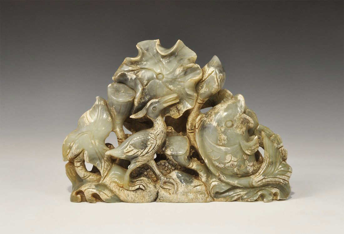 Chinese Style Agate Carving with Bird and Fish: An undated archaistic carved agate block with openwork design of a heron and fish among vegetation. 3.9 kg, 30.5 cm (12"). Property of a London Gentleman; acquired before 1995.