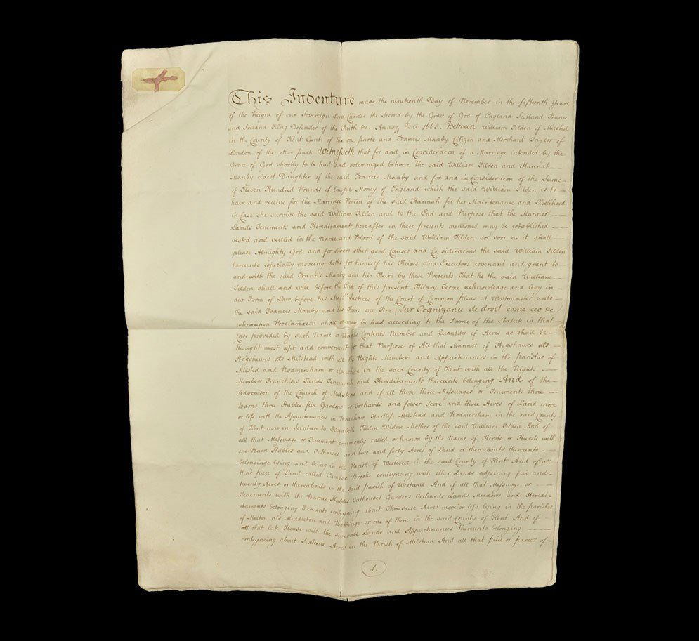 Post Medieval Paper Indenture Agreement: Dated 19th November 1663. A handwritten indenture document between William Tilden of Milsted, Kent and Francis Manby, citizen and merchant tailor of London, witnessed by George Choute, Richard Hulse,