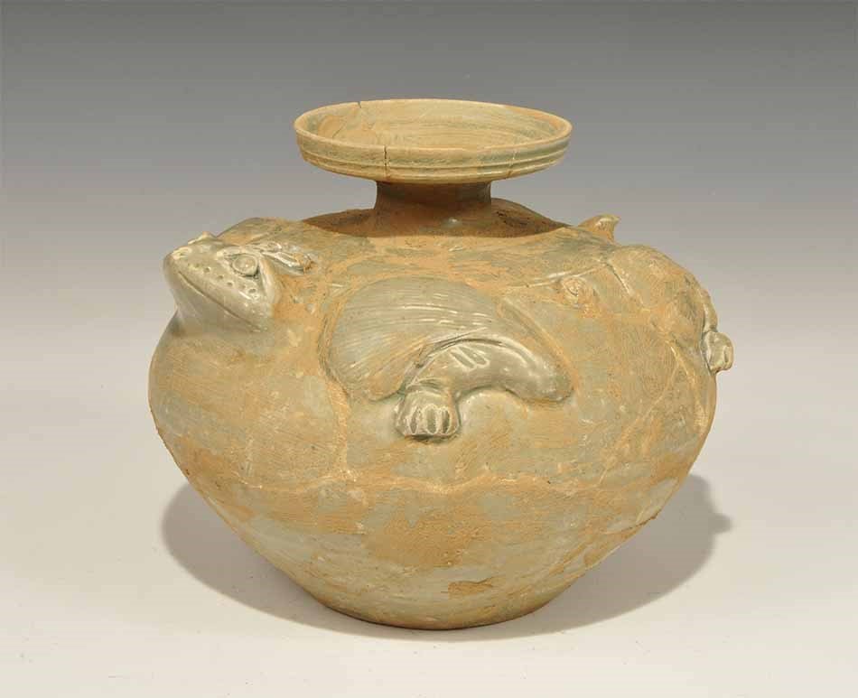 Chinese Cambodian Style Frog Vessel: An undated archaistic green-glazed vessel with frog's head and legs to the shoulder, narrow neck with broad flange rim. 1.6 kg, 20 cm (8"). Acquired on the London art market in the 1980's. [No Reserve