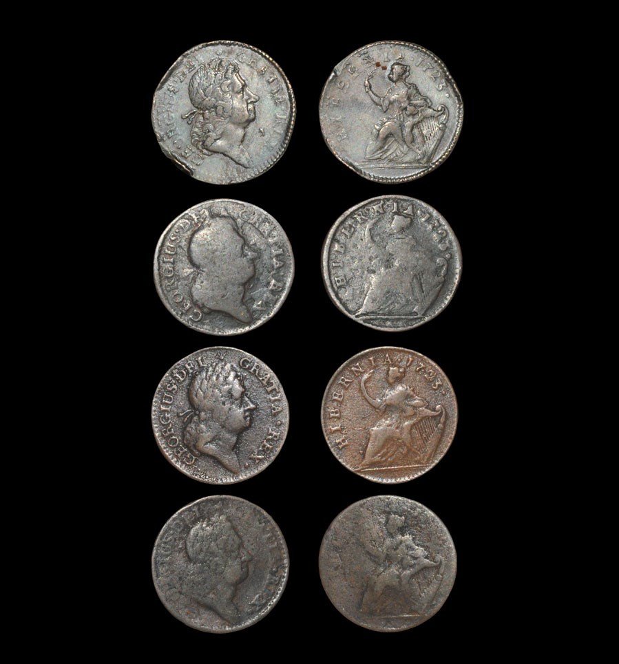 World Ireland - George I - 1723 - Halfpenny Group [4]: Dated 1723, Woods' coinage, type 2). Obvs: profile bust with GEORGIVS DEI GRATIA REX legends. Revs: Britannia seated with harp and BRITANNIA legend with date. S. 6601. 26.62 grams total. [4, No Reserv