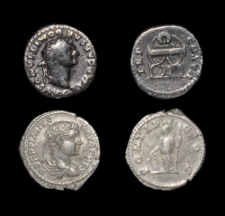 Roman Domitian and Geta Denarii Group [2]: Domitian. 81 AD, Rome mint. Obv: IMP CAESAR DOMITIANVS AVG legend with laureate head right. Rev: TR P COS VII legend with wreath on a curule chair. Geta. 202 AD, Rome mint. Obv: P SEPTIMIVS GETA CAES 