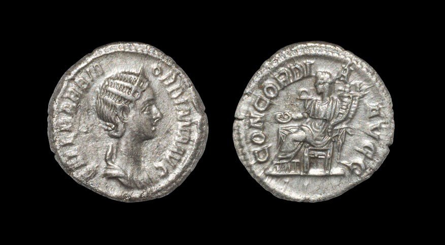 Roman Orbiana - Concordia Denarius: 225 AD. Obv: SALL BARBIA ORBIANA AVG legend with diademed and draped bust right. Rev: CONCORDIA AVGG legend with Concordia seated left on throne, holding patera and double cornucopia. Sear 8191; RSC 1
