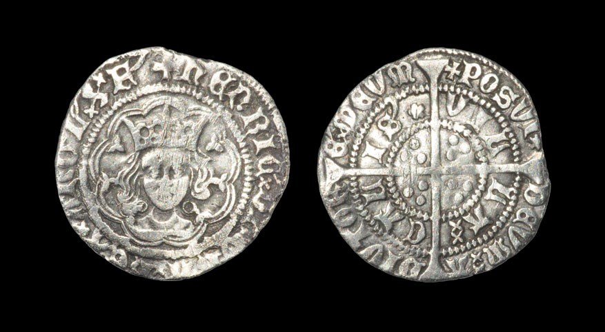 English Medieval Henry VI - Calais - Annulet / Rosette: 1427-1430 AD. Obv: facing bust within tressure of nine arcs with annulet each side of neck and +HENRIC DI GRA REX ANGL Z F legend. Rev: long cross and pellets with +POSVI(rosette) DEVM ADIVTORE MEVM a
