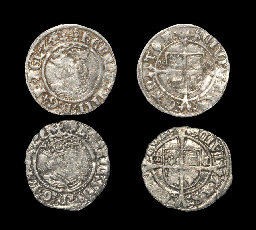 Tudor Henry VIII - Canterbury - Profile Halfgroat Group: 1526-1544, second coinage. Obvs: profile bust with HENRIC VIII D G R AGL Z F legends and 'cross patonce' and 'catherine wheel' mintmarks. Revs: cross over arms with W-A and T-C to sides with CIVITAS C