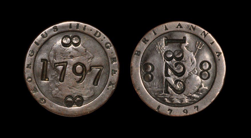 English Milled George III - 1797 - Countermarked: Coin dated 1797. Obv: profile bust with GEORGIUS III D G REX incuse legend; countermarked '1797' in large numerals across with double annulet above and below. Rev: Britannia with BRITANNIA incuse lege