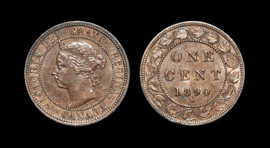 World Canada - Victoria - 1890H - 1 Cent: Dated 1890, Heaton mint. Obv: profile bust with VICTORIA DEI GRATIA REGINA legend and CANADA below. Rev: with ONE CENT legend and date below with small 'H' mintmark and within leaf border. KM# 7. 5.67