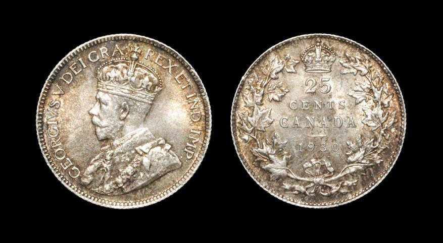World Canada - George V - 1930 - 25 Cents: Dated 1930. Obv: profile bust with GEORGIVS V DEI GRA REX ET IND IMP legend. Rev: crown over 25 CENTS CANADA legend in three lines with date below within wreath. KM# 24a. 5.85 grams.